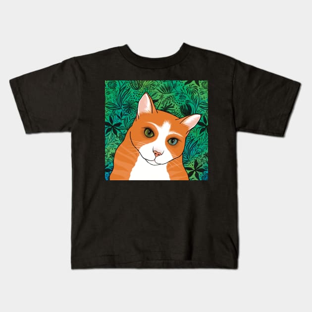 The Cute Ginger cat is watching you from a pattern background Kids T-Shirt by marina63